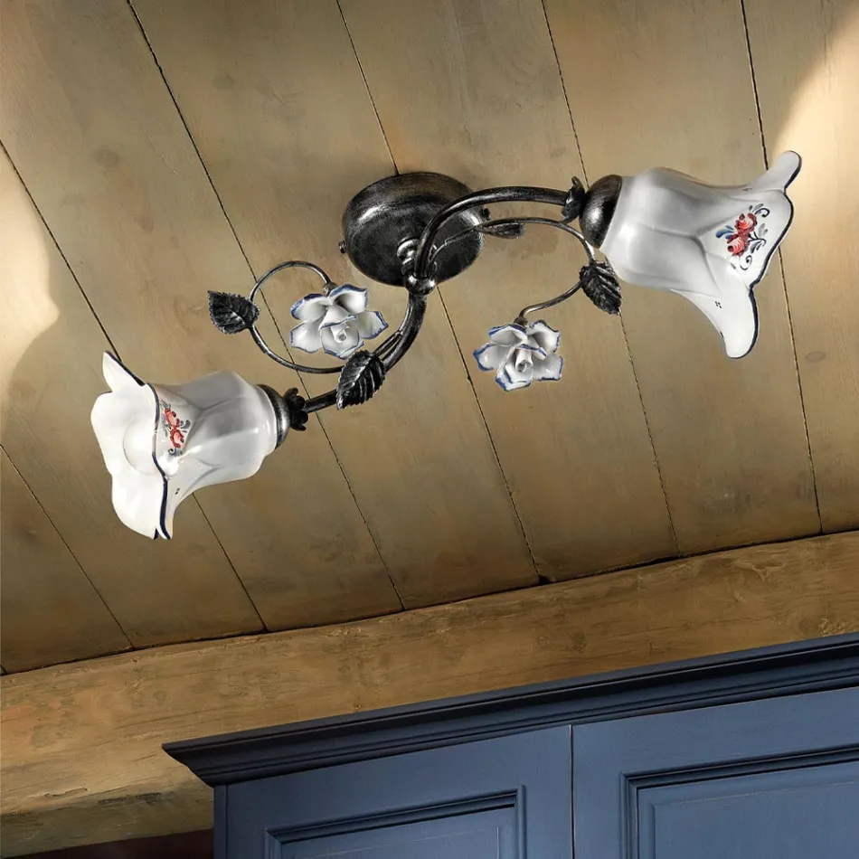 Plafoniera 2 Lumini din Metal si Ceramica cu Trandafiri Pictati Manual - Pisa Viadurini