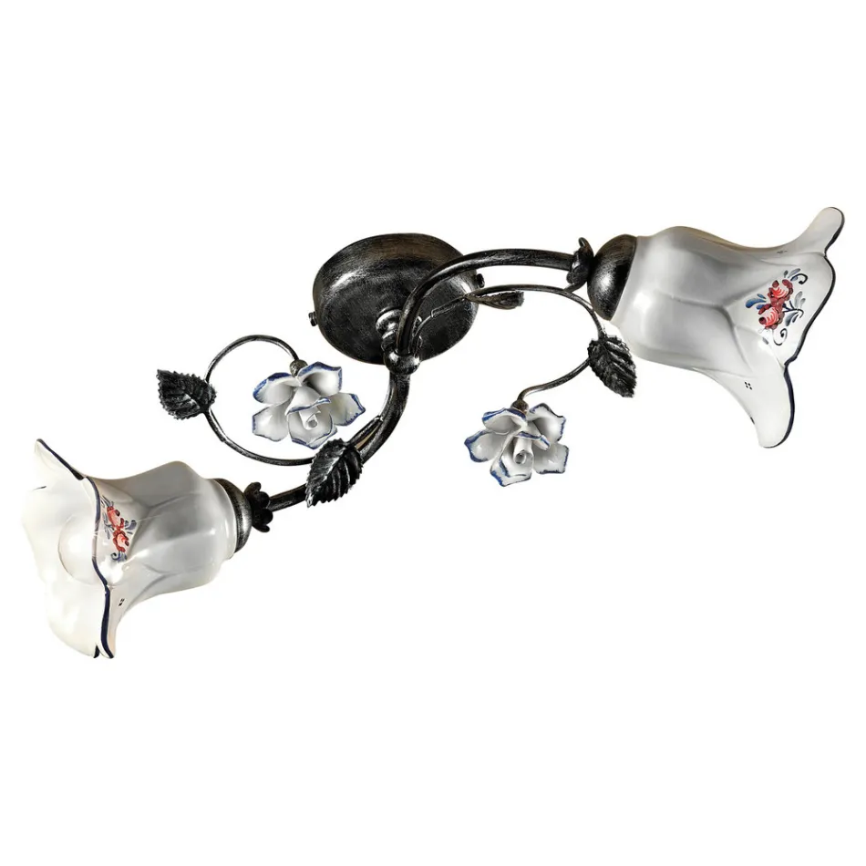 Plafoniera 2 Lumini din Metal si Ceramica cu Trandafiri Pictati Manual - Pisa Viadurini