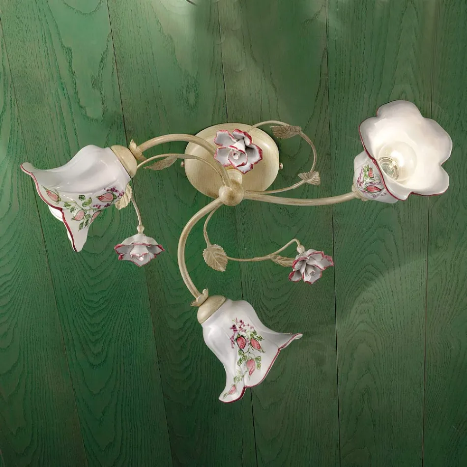 Plafoniera 3 Lumini Metal si Ceramica Pictata Manual Sârma Rosie - Pisa Viadurini