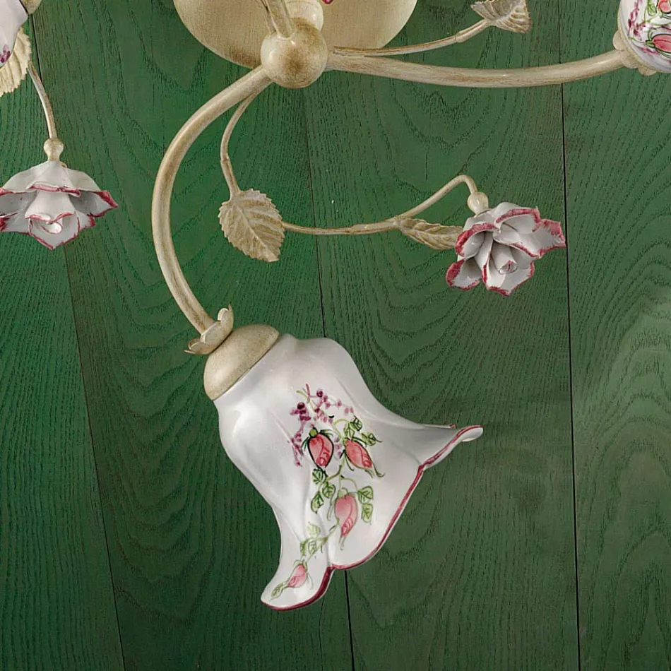 Plafoniera 3 Lumini Metal si Ceramica Pictata Manual Sârma Rosie - Pisa Viadurini