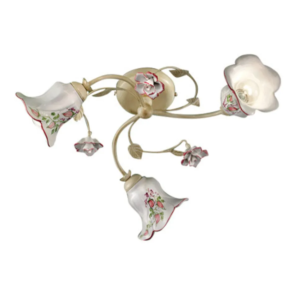 Plafoniera 3 Lumini Metal si Ceramica Pictata Manual Sârma Rosie - Pisa Viadurini