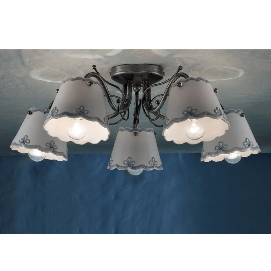 Plafoniera cu 3 sau 5 lumini din ceramica cu efect de broderie pictata manual - Ravenna Viadurini