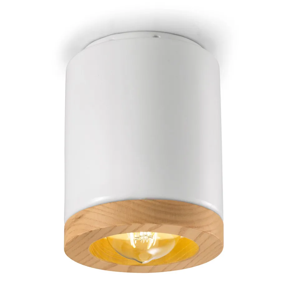 Plafoniera artizanala in stil nordic din lemn si ceramica - Nateca Viadurini