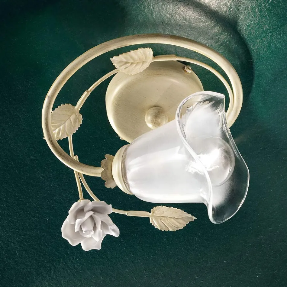 Plafoniera din Fier, Sticla Sablata si Trandafiri de Decor Ceramica - Siena Viadurini