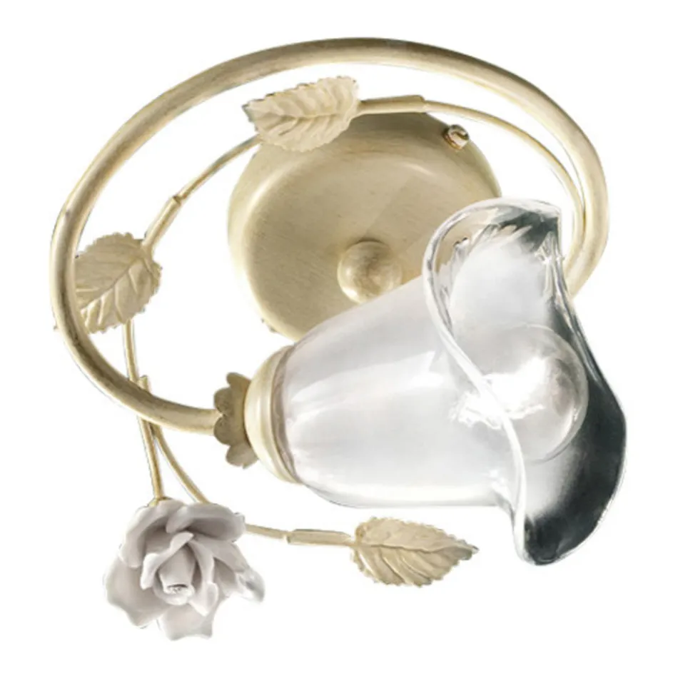 Plafoniera din Fier, Sticla Sablata si Trandafiri de Decor Ceramica - Siena Viadurini