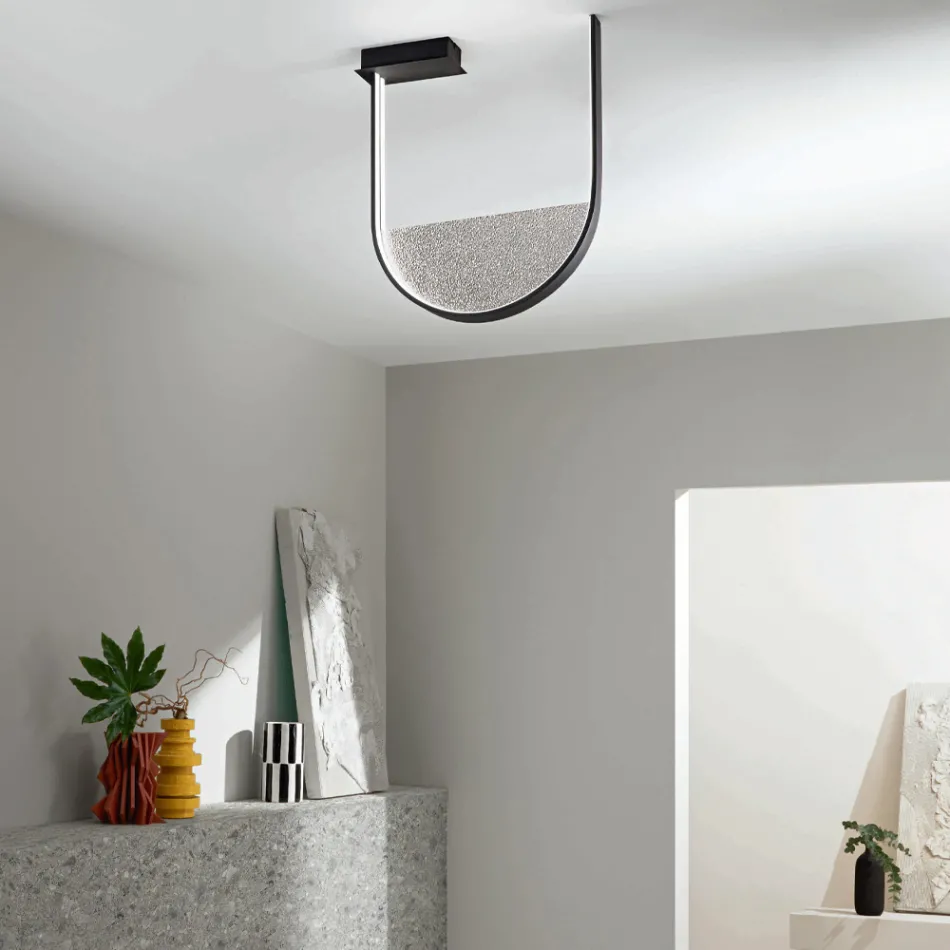 Plafoniera din metal vopsit și inserție detașabilă din sticlă granulată - Catalpa Viadurini