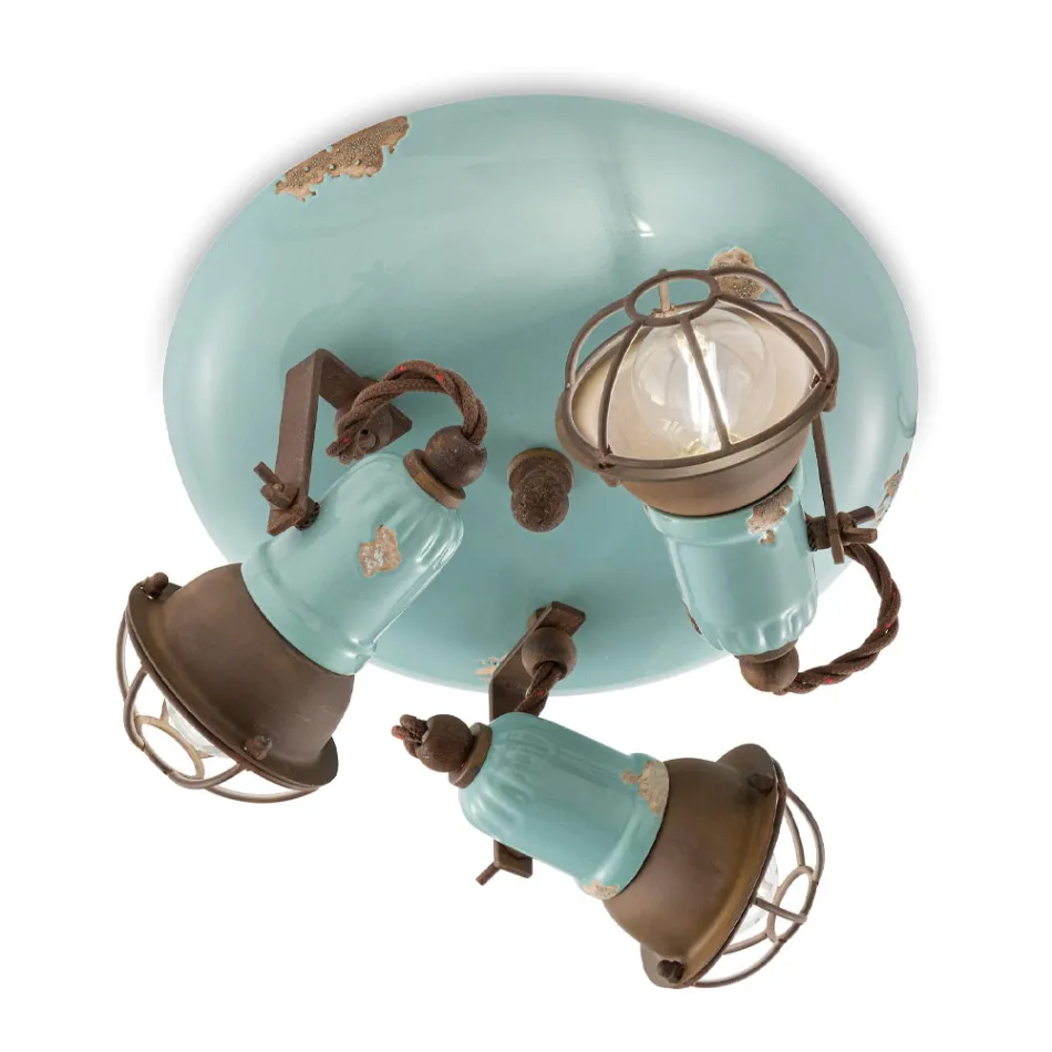 Plafoniera industriala 3 spoturi din fier si ceramica lucrata manual - mansarda Viadurini