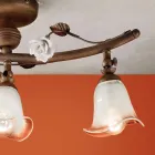 Plafoniera liniara cu 3 lumini din fier, sticla si trandafiri ceramici - Siena Viadurini