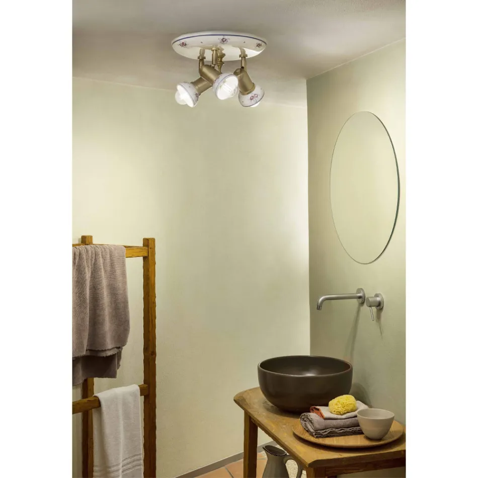 Plafoniera Rotunda 3 Spoturi din Alama si Ceramica Pictata Manual - Savona Viadurini