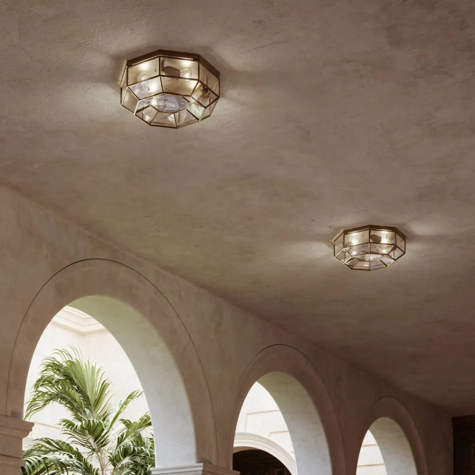 Plafoniera vintage din alamă lustruită și sticlă 2 dimensiuni - Legat de Il Fanale Viadurini