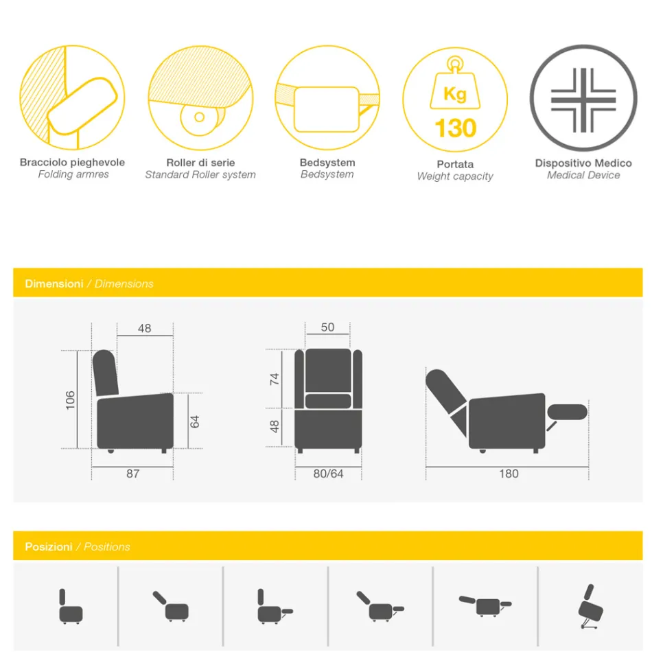 Scaun ridicator cu 2 motoare si functii de ridicare/relaxare/pat Made in Italy - Giorgia Viadurini