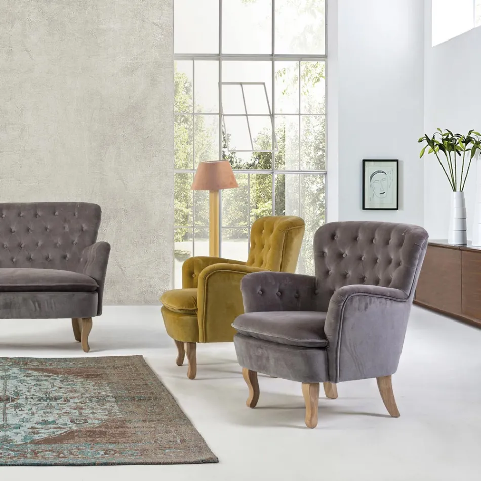 Fotoliu Clasic din Lemn si Sezut Captusit din Bumbac Matlasat - Monny Viadurini