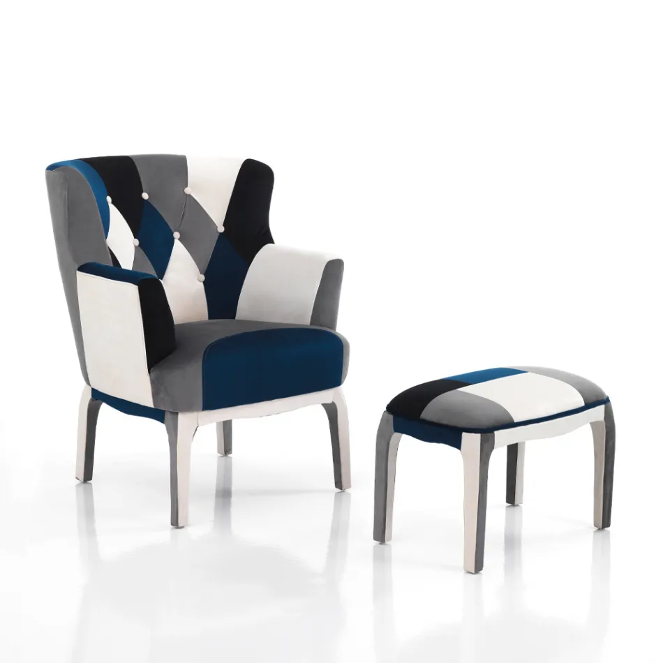 Fotoliu cu Pouf din Tesatura Patchwork - Bromo Viadurini