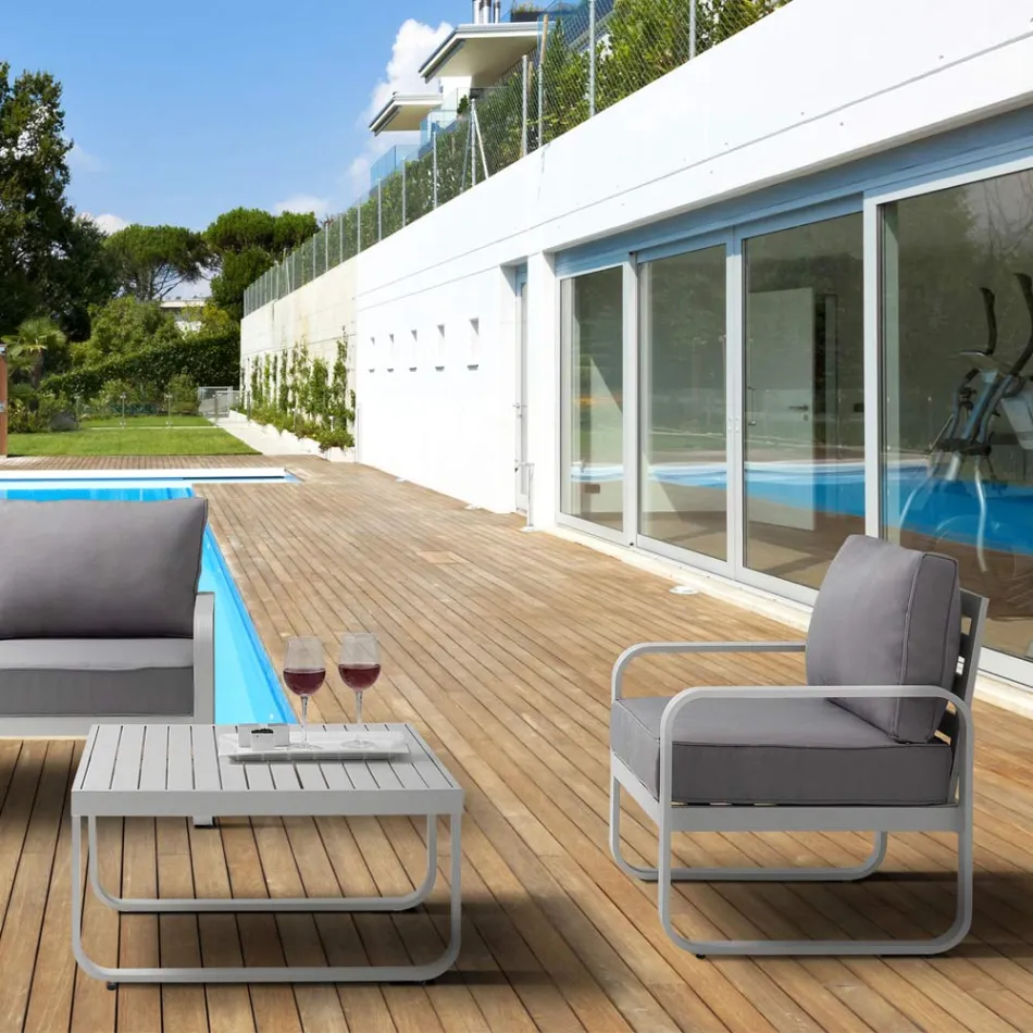 Fotoliu de grădină din aluminiu alb fildeș mat și perne gri - Avoir Viadurini