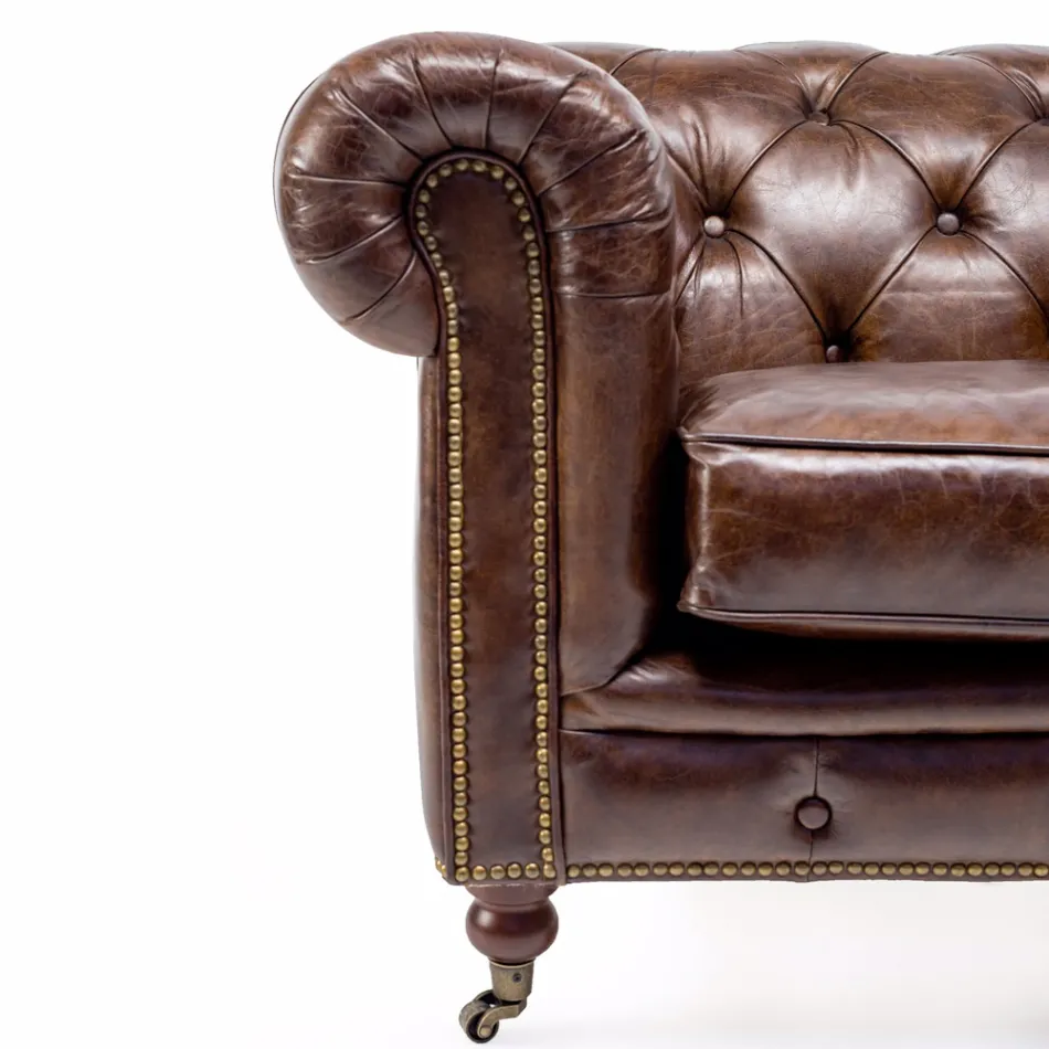 Fotoliu Sufragerie din Piele Vintage cu Efect Imbatranit cu Roti si Cotiere - Stampila Viadurini