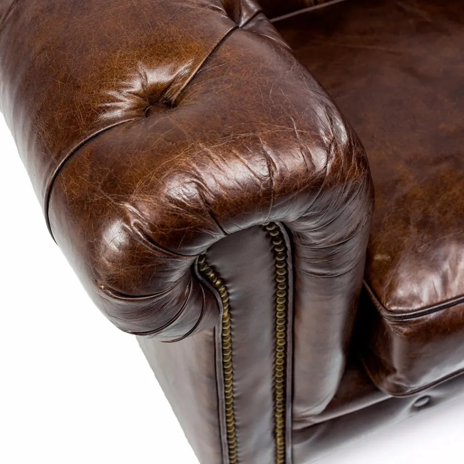 Fotoliu Sufragerie din Piele Vintage cu Efect Imbatranit cu Roti si Cotiere - Stampila Viadurini