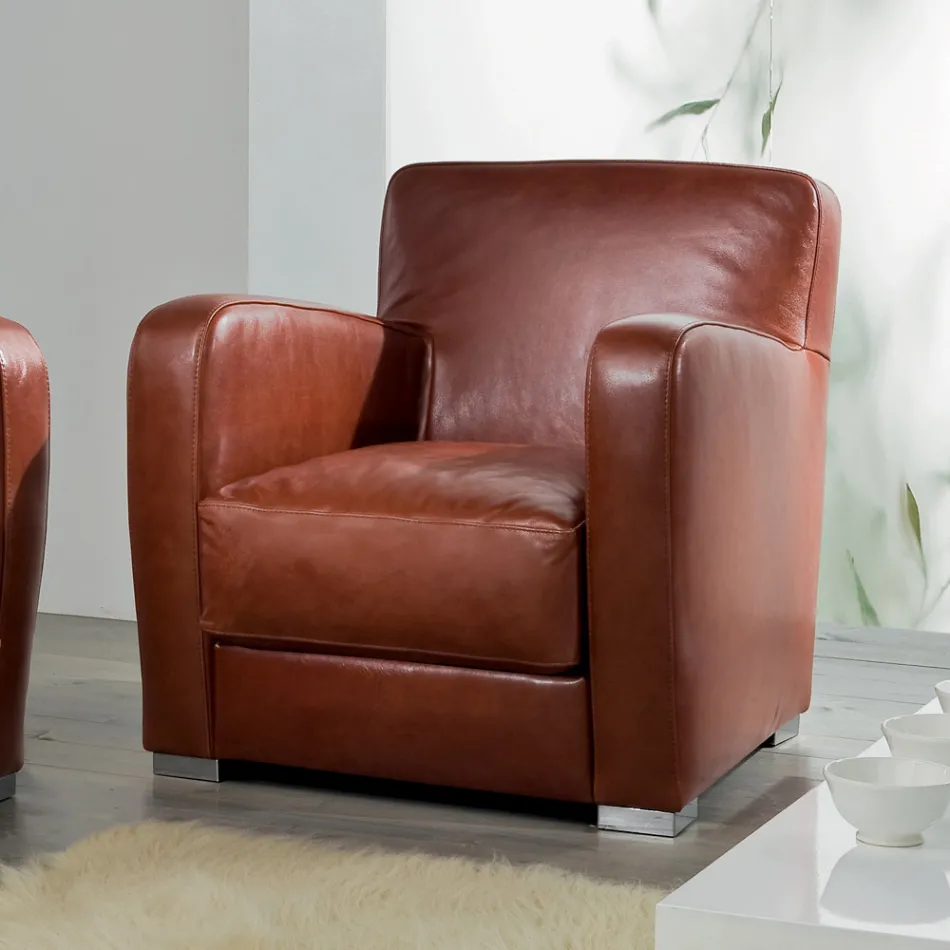 Fotoliu de Sufragerie din Lemn, Piele si Metal Made in Italy - Burlesco Viadurini