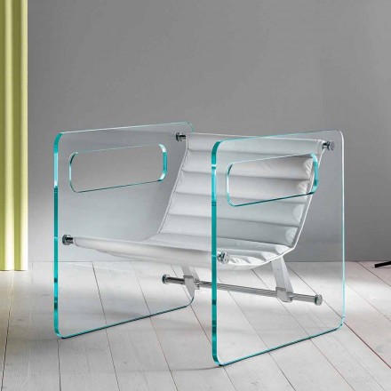 Fotoliu living din sticlă și scaun din piele albă Design modern - Tecna Viadurini