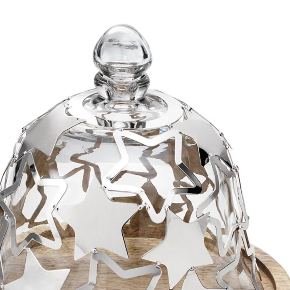 Suport pentru tort Bell din lemn și sticlă cu stele din metal argintiu - Ilenia Viadurini