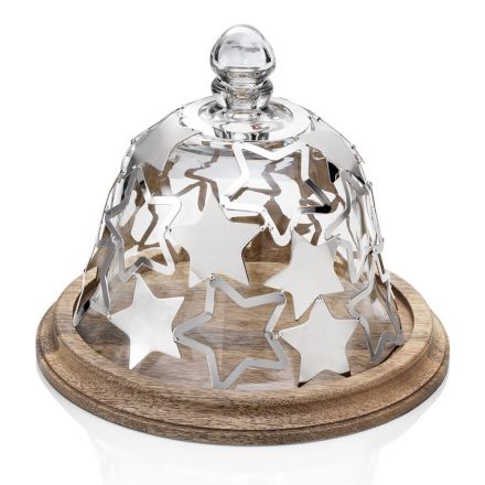 Suport pentru tort Bell din lemn și sticlă cu stele din metal argintiu - Ilenia Viadurini