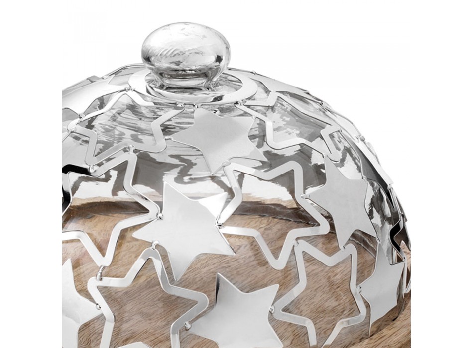 Suport pentru tort din lemn și sticlă cu stele de argint de lux din metal - Ilenia Viadurini
