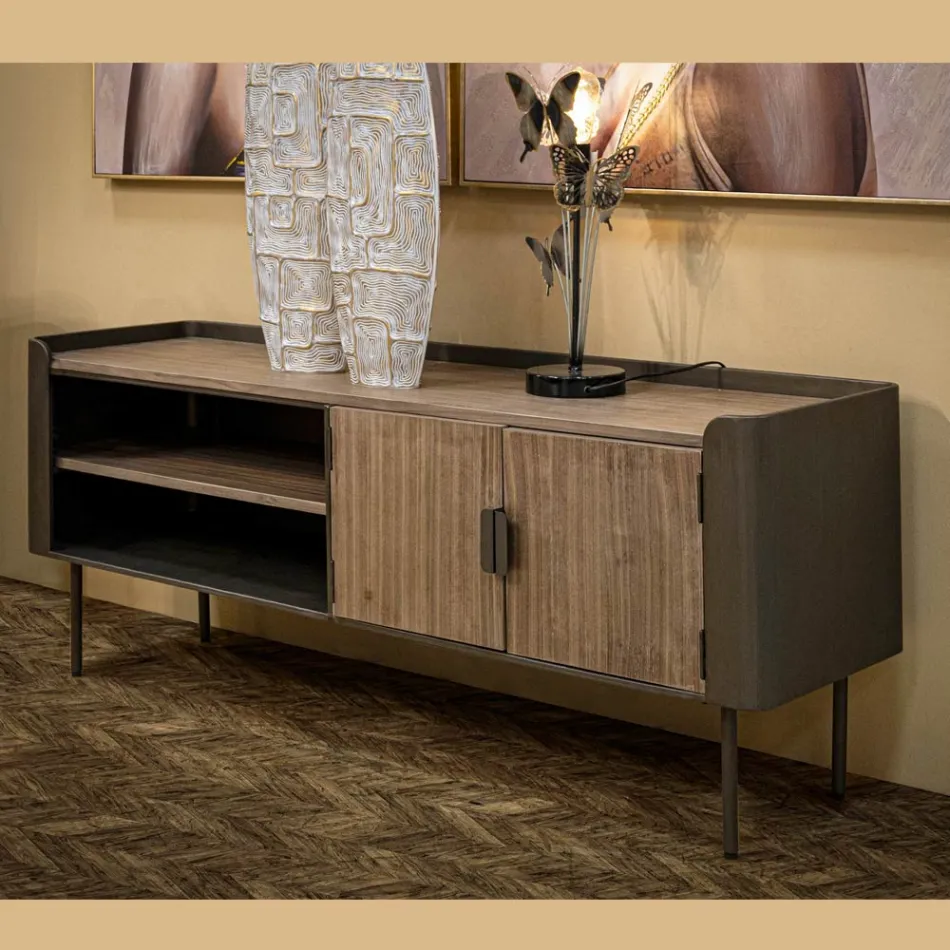 Suport TV Sufragerie din Lemn de Brad și Fier Gri cu 2 Uși - Cooper Viadurini