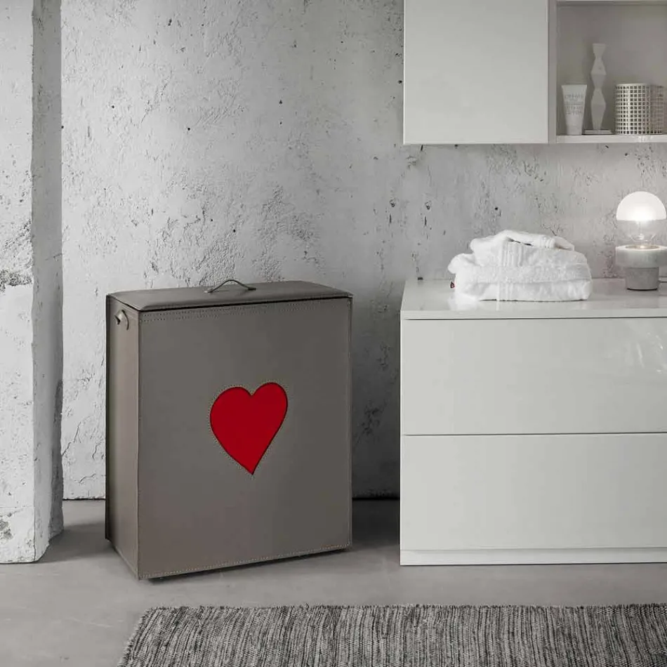 Coș de rufe din piele contemporană fabricat în Italia Adele, inserție de inimă Viadurini