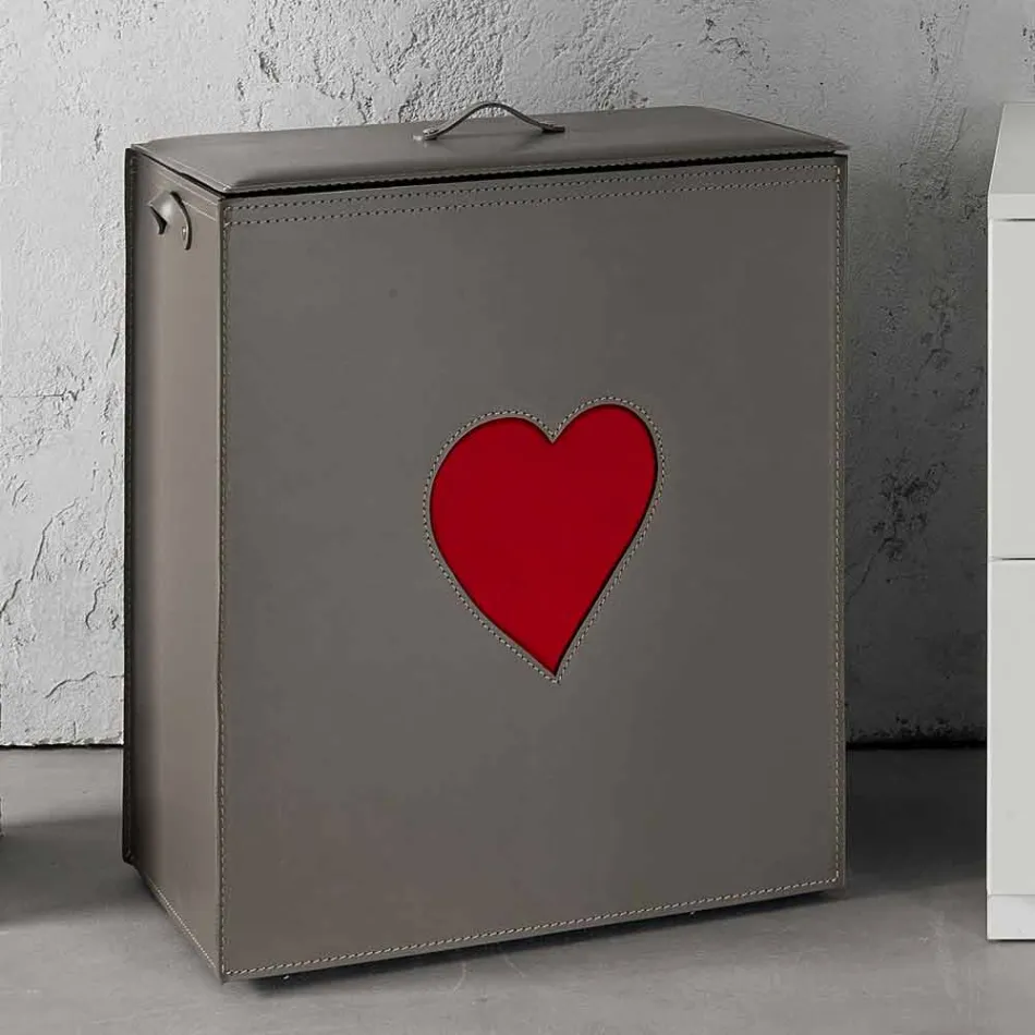 Coș de rufe din piele contemporană fabricat în Italia Adele, inserție de inimă Viadurini