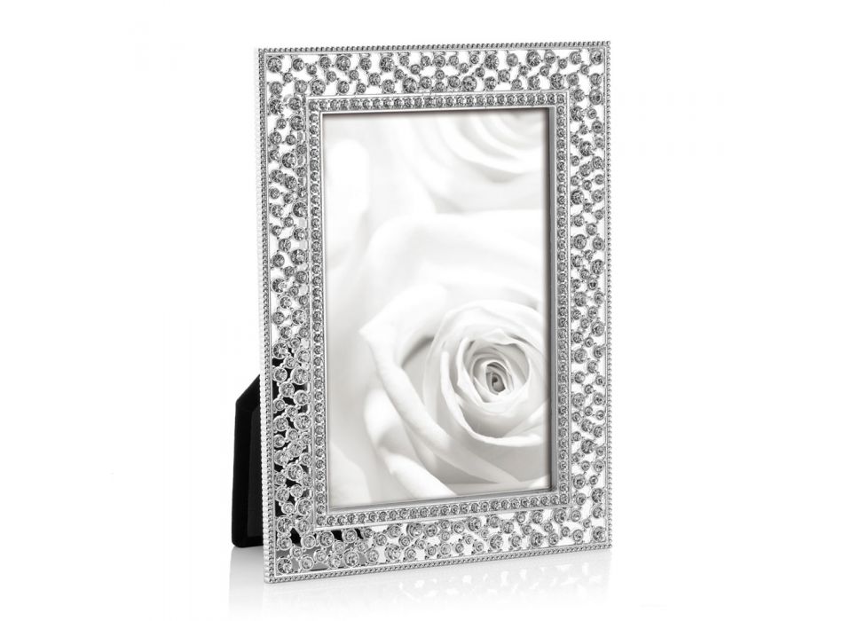 Rama foto suport din metal argintiu cu cristale de design de lux - Ghero Viadurini