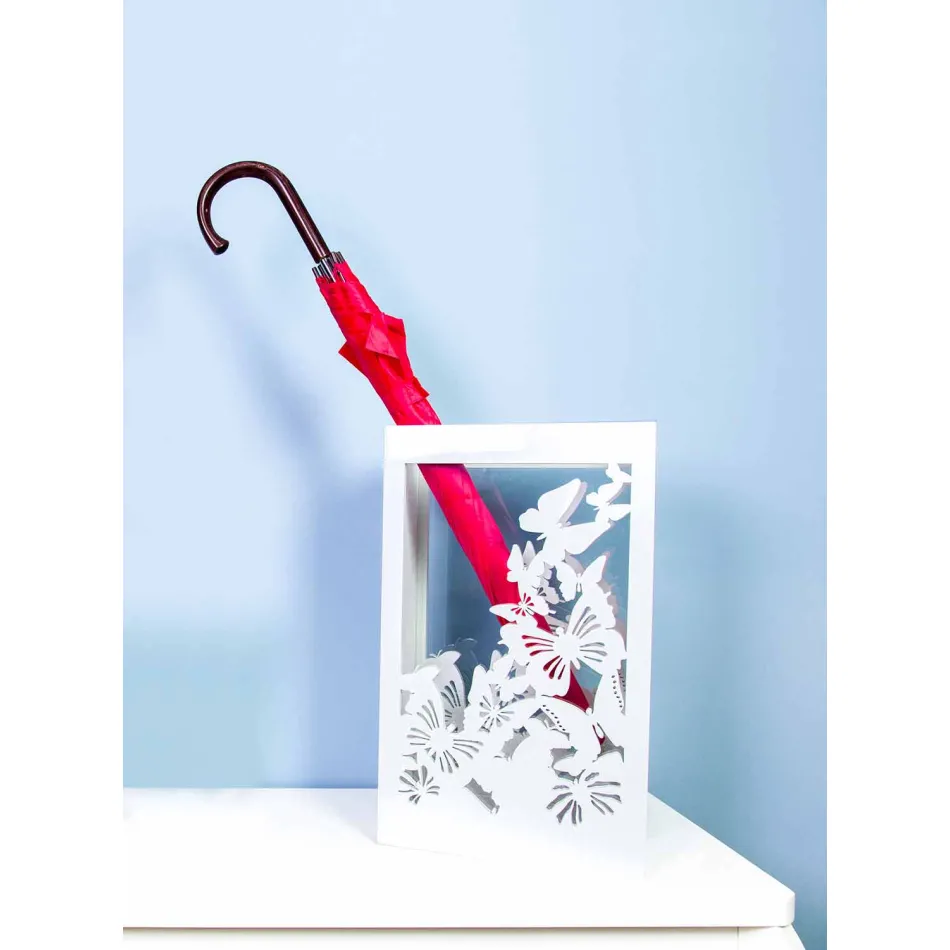 Stand de umbrele din lemn alb cu design modern decorat cu fluturi - Papilio Viadurini