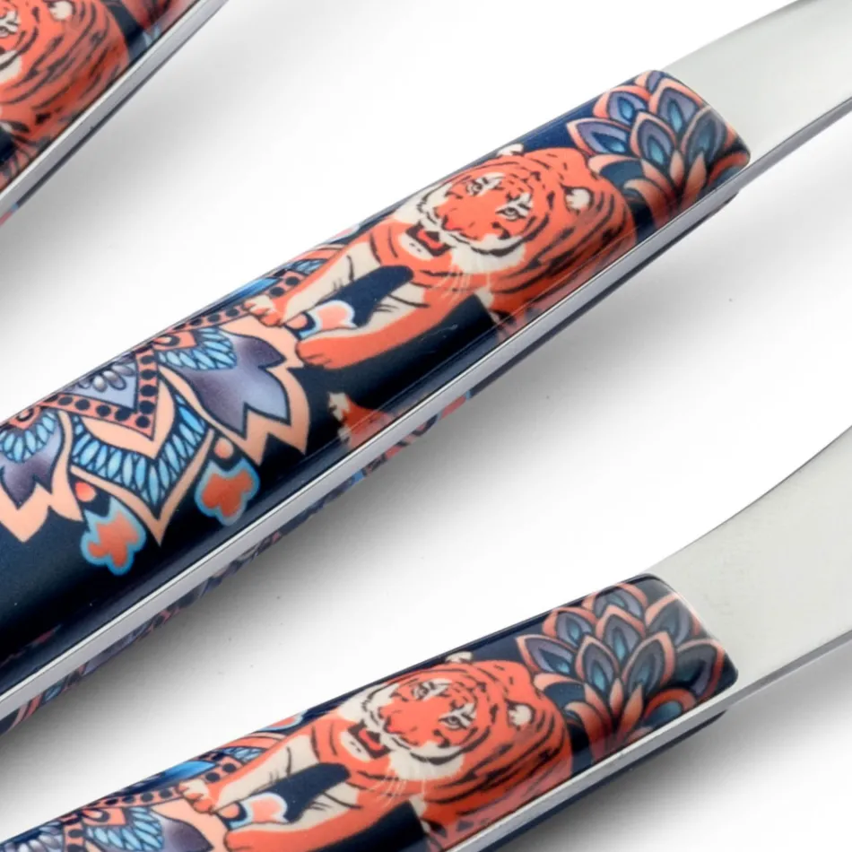 Tacâmuri Oțel și Plastic Decorație Colorată cu Tigru 24 Buc - Alessandra Viadurini