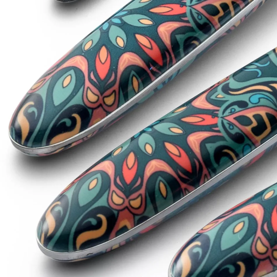 Tacâmuri Oțel și Plastic Decor Floral Colorat 24 Buc - Alessandra Viadurini