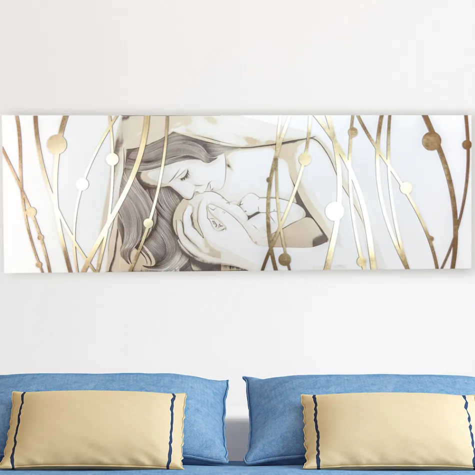 Tablou dreptunghiular realizat cu laser cu zeita si copil made in Italy - Nagi Viadurini