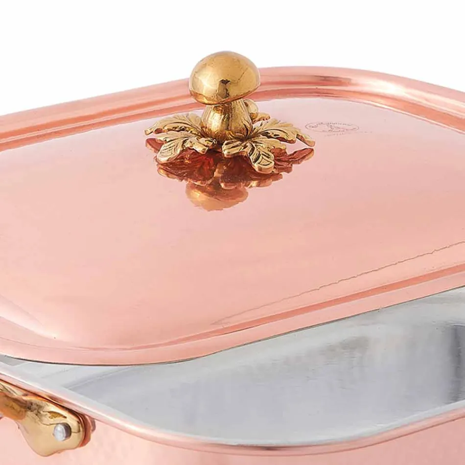 Friptură și capac dreptunghiular din cupru conservat manual 37x27 cm - Mariateresa Viadurini