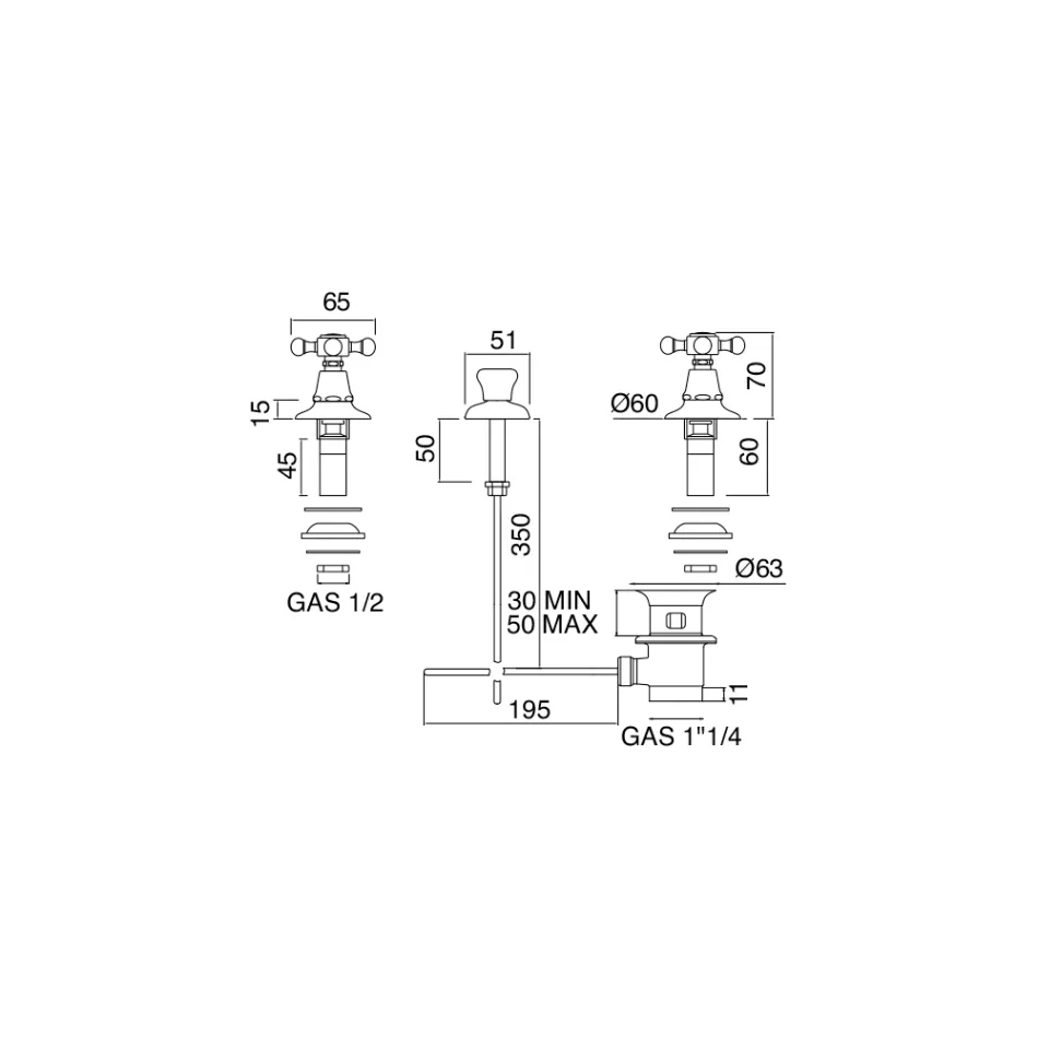 Robinet pentru bideu cu 3 găuri din alamă Made in Italy, stil vintage - Ursula Viadurini