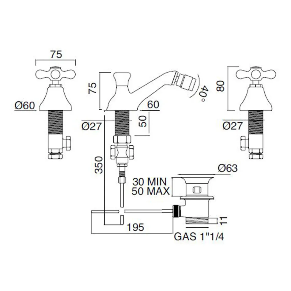 Baterie clasica pentru bideu cu 3 orificii cu gunoi din alama Made in Italy - Ercolina Viadurini