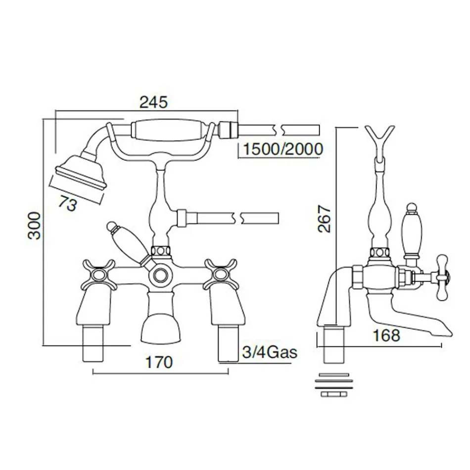 Robinet de cadă montat pe punte din alamă cu duș manual clasic de lux - Fioretta Viadurini