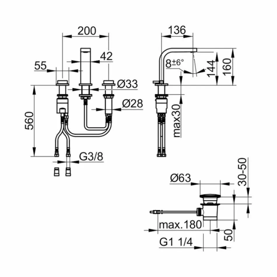 Baterie pentru chiuvetă de design modern, cu 3 găuri metalice - Etto Viadurini