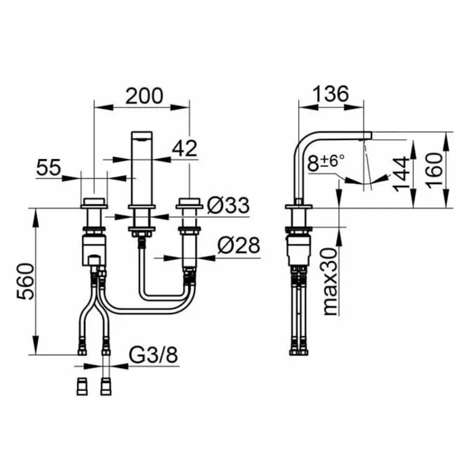 Baterie pentru chiuvetă de design modern, cu 3 găuri metalice - Etto Viadurini