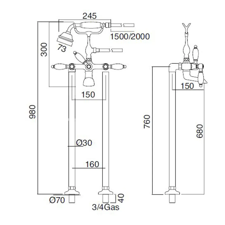 Robinet de cadă de podea cu duș manual din alamă fabricat în Italia - Noriana Viadurini