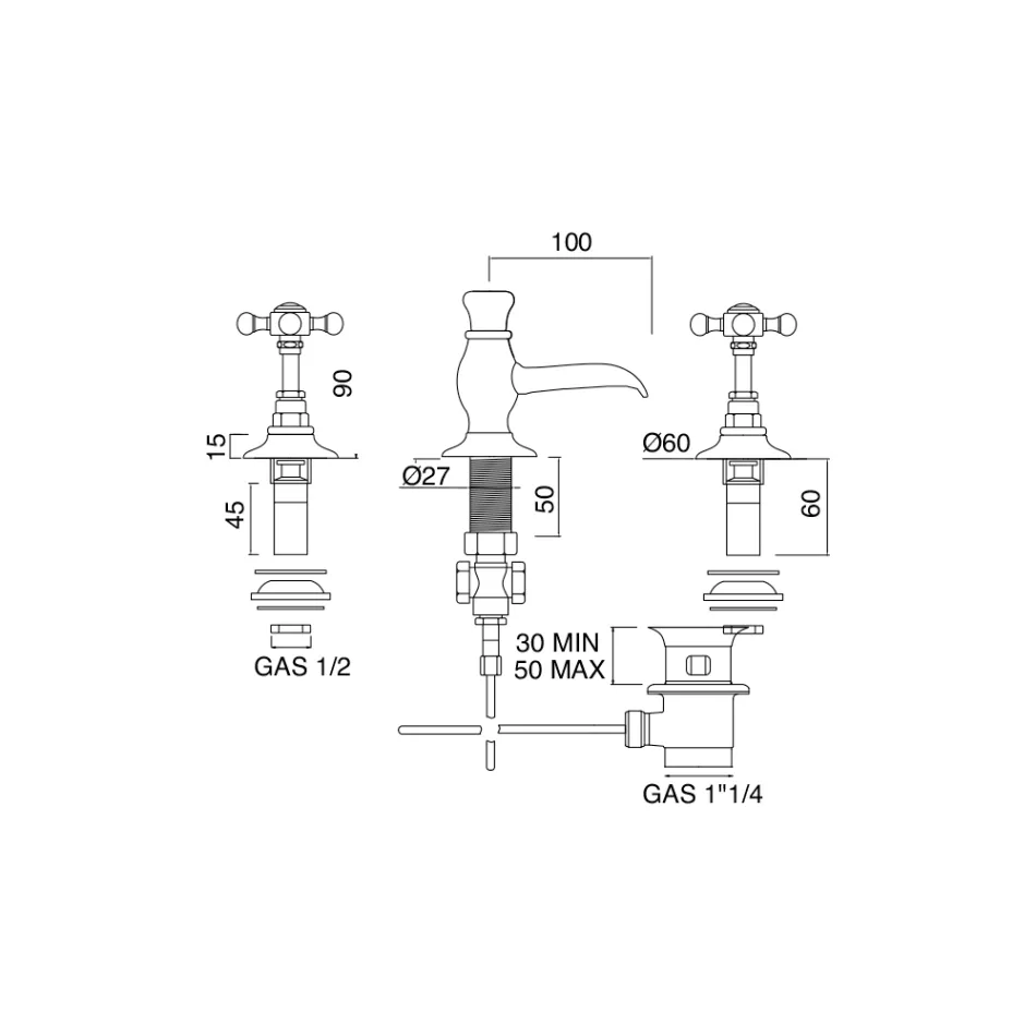 Robinet de bideu din alamă vintage cu 3 găuri, fabricat în Italia - Elisea Viadurini