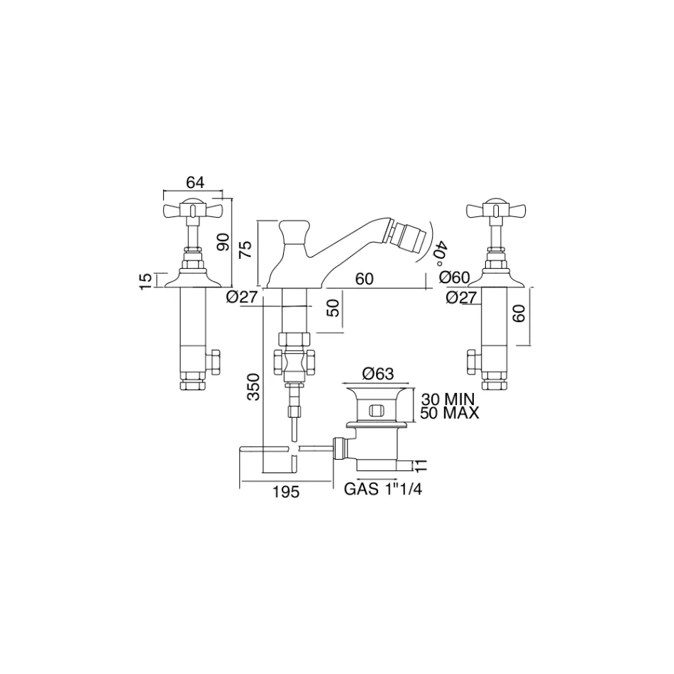 Robinet de bideu vintage cu 3 găuri din alamă Made in Italy – Katerina Viadurini