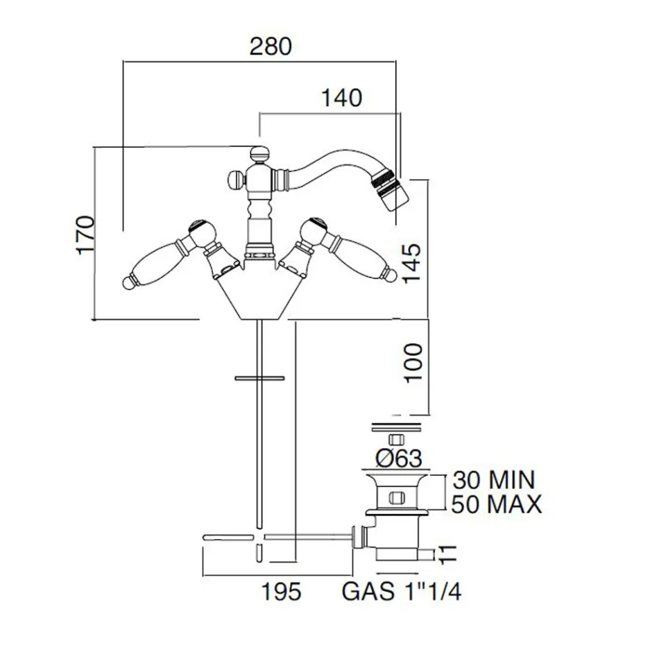 Robinet clasic pentru bideu cu un singur orificiu cu pârghii din alamă lucrate manual - Noriana Viadurini