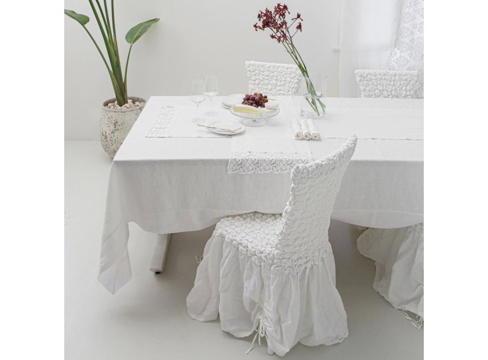 Alee de masă din in alb cu dantelă de lux croșetată pe laterale - Giangi Viadurini