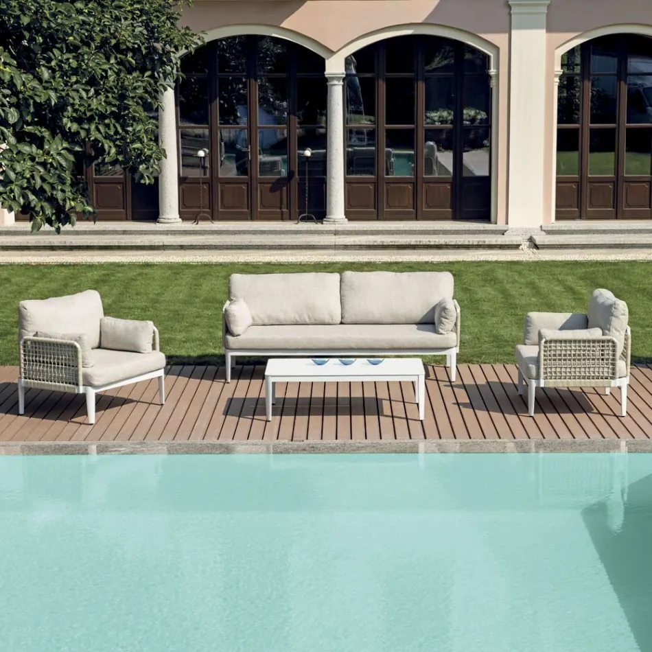 Cameră de zi compusă din 2 fotolii, 1 canapea și măsuță de cafea din aluminiu - Symphony Viadurini