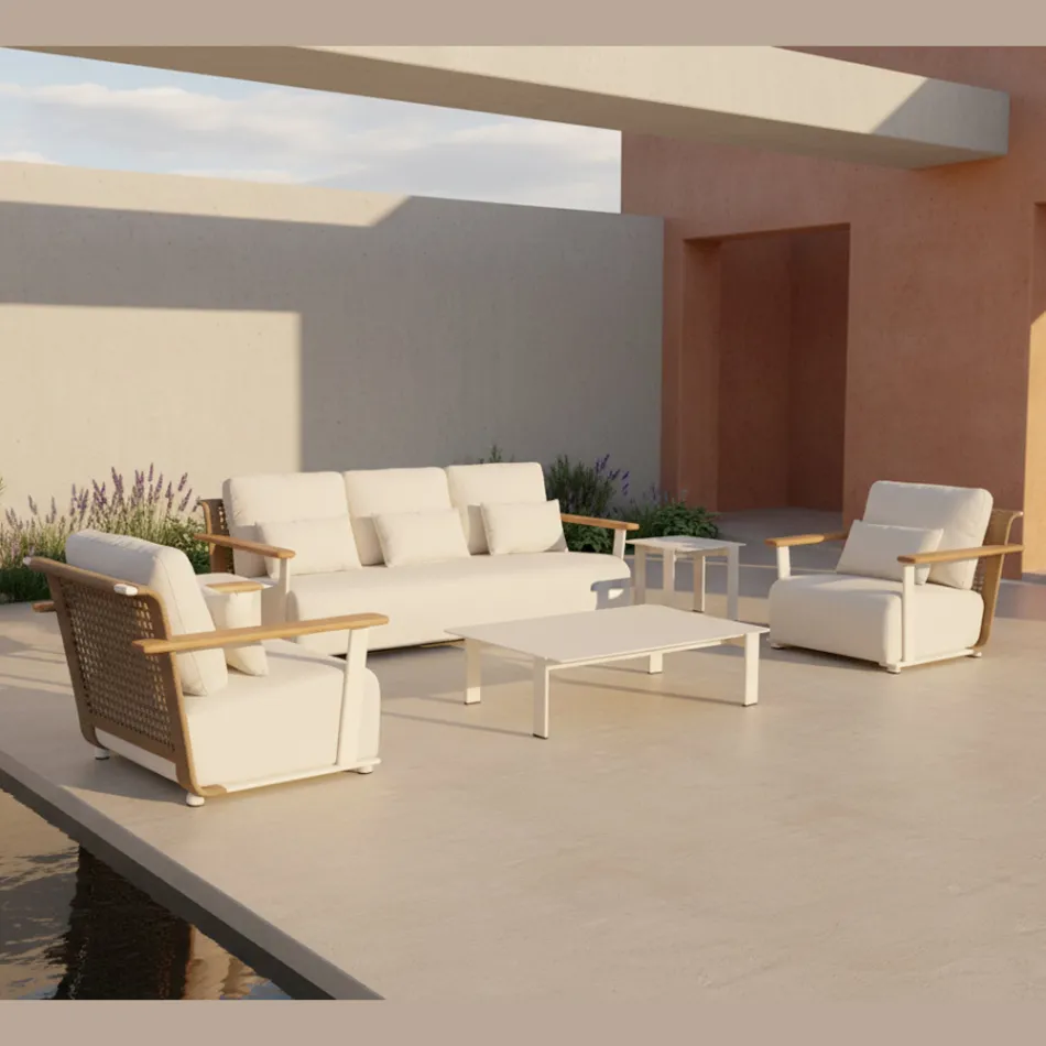 Salon de grădină cu canapea, 2 fotolii și măsuță de cafea - Montorio Viadurini