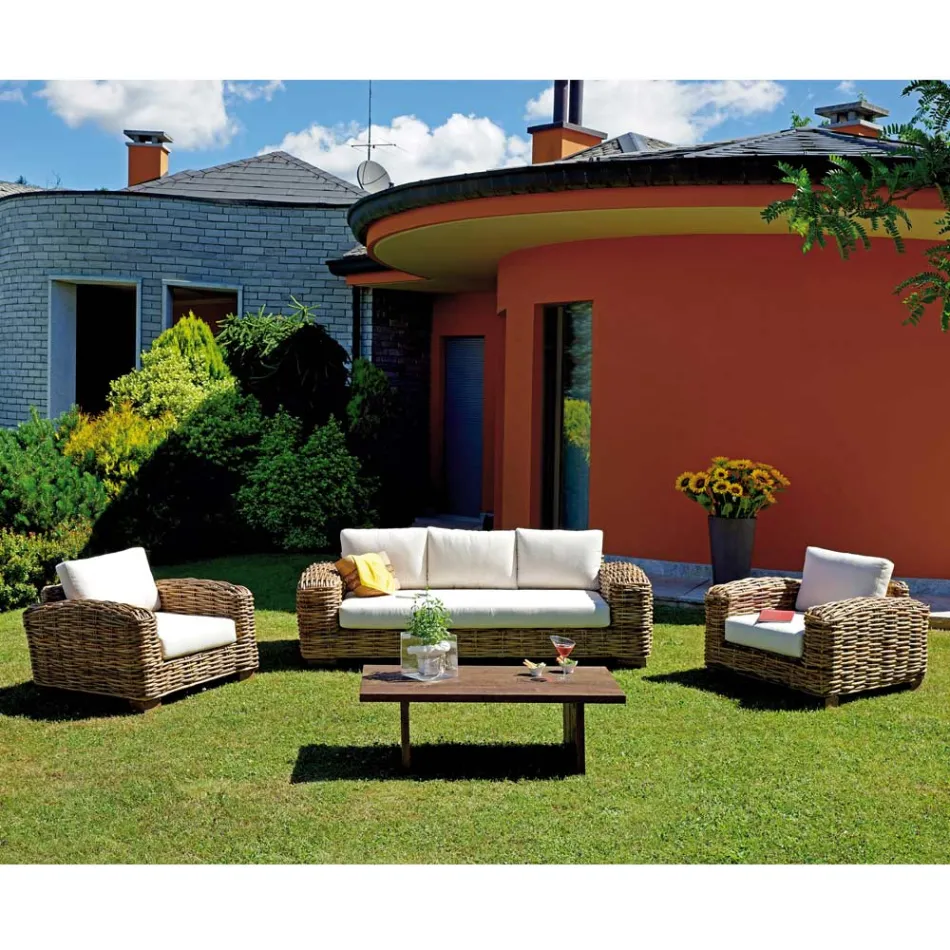 Lounge de grădină din ratan cu măsuță de cafea și perne din lemn - Hugues Viadurini