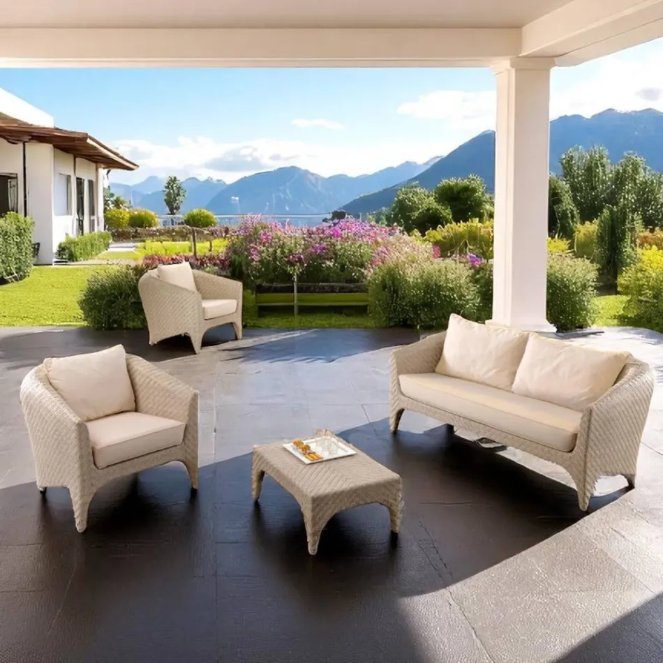 Canapea de living din poliratan marca REHAU în diferite finisaje și perne albe - Madness Viadurini