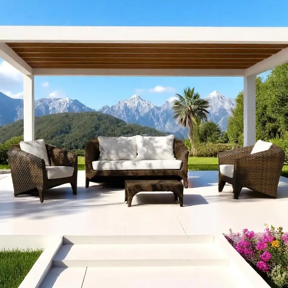 Canapea de living din poliratan marca REHAU în diferite finisaje și perne albe - Madness Viadurini