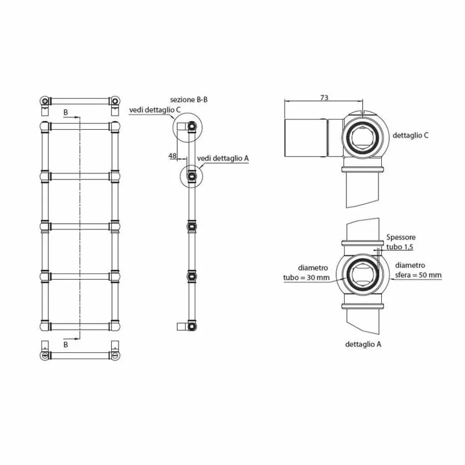 Încălzitor de prosoape hidraulic modular Tub de alamă cromată de 194 W - Cezar Viadurini